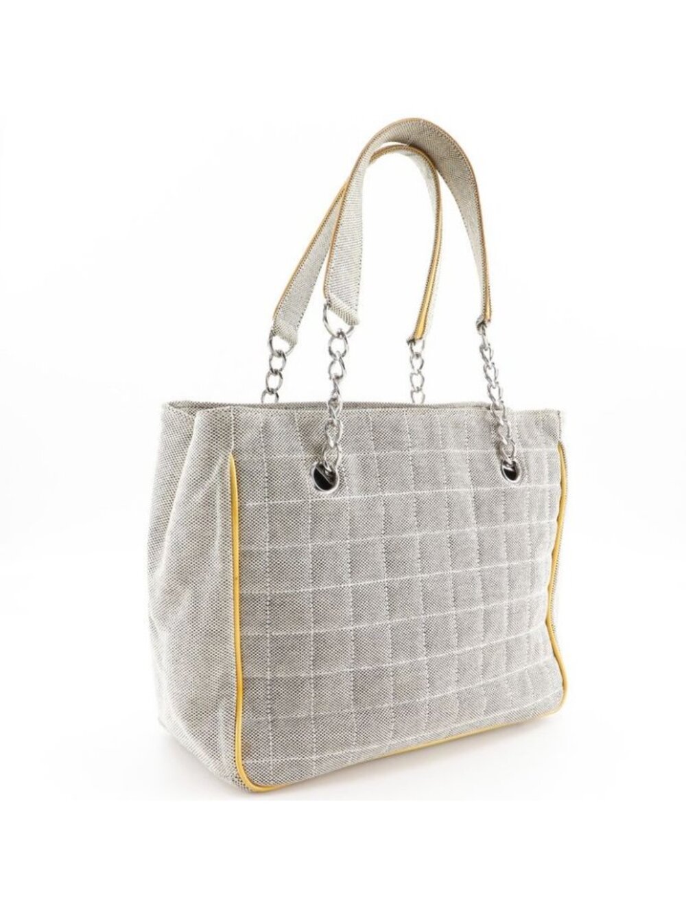 Chanel Camellia NO5 Chocolate Bar Chain Tote Canvas Gray Yellow Bag - Picture 3 of 10